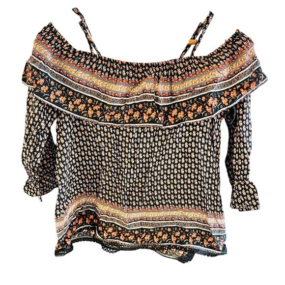 Hagel Crop Top XS Cold Shoulder Multicolor Ruffle Boho Y2K Festival Prairie Chic - Picture 2 of 10